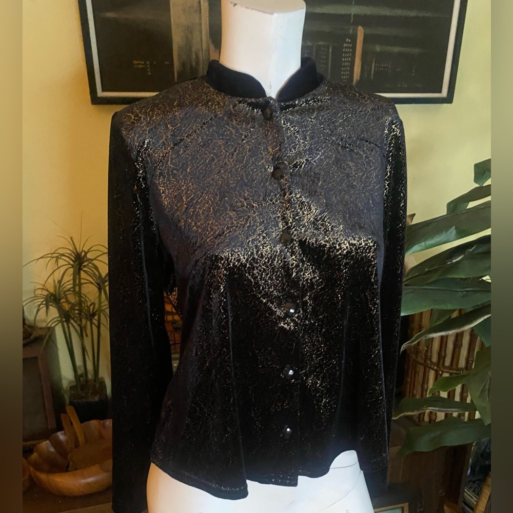 Ladies black and gold velvet glam and jeweled button little over coat jacket